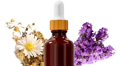 Imagem de um frasco com flores ao redor